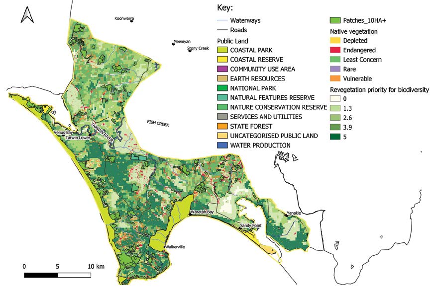 Map of the Bunurong Coast landscape zone showing public land, native vegetation and revegetation priority for biodiversity