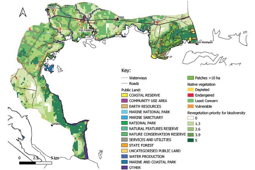 Map of the Corner and Nooramunga Coast landscape zone showing public land, native vegetation and revegetation priority for biodiversity