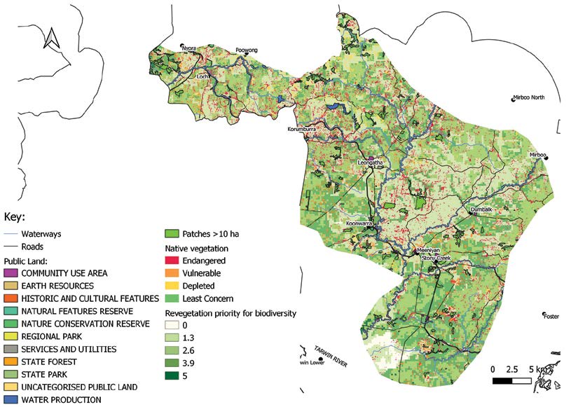 Map of the Western Strzeleckis landscape zone showing public land, native vegetation and revegetation priority for biodiversity