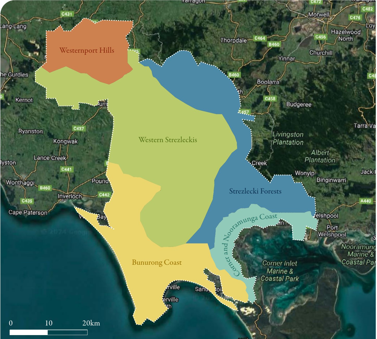 Map of the South Gippsland BPP area showing the five landscape zones: Western Port Hills, Western Strzeleckis, Strzelecki Forests, Corner and Nooramunga Coast, and Bunurong Coast