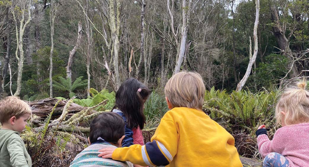 Young children looking closely at the forest floor in the bush